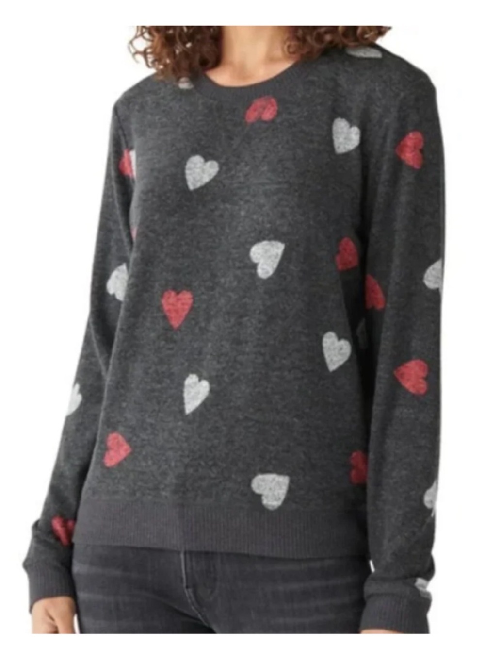 Lucky Brand Cloud Soft Gray Hearts Scoop Neck Pullover Sweater Size Medium